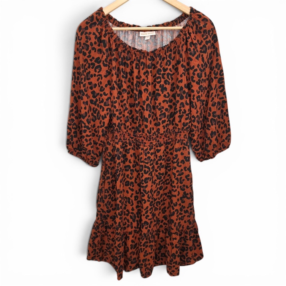 Knox Rose Dress Womens Medium Brown Animal Print Mini Smocked Waist Casual